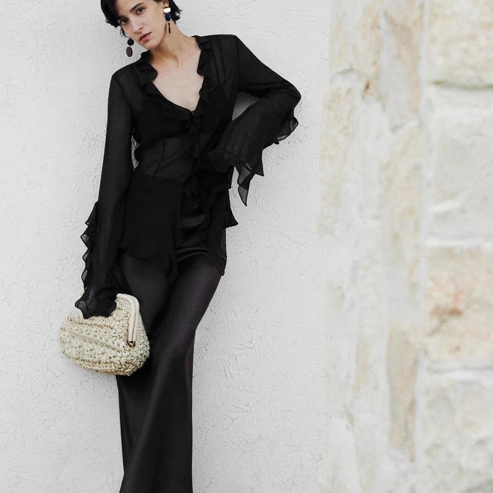 Black Semi-Sheer Ruffle Split Thin Blouse Chiffon Layered Top XS